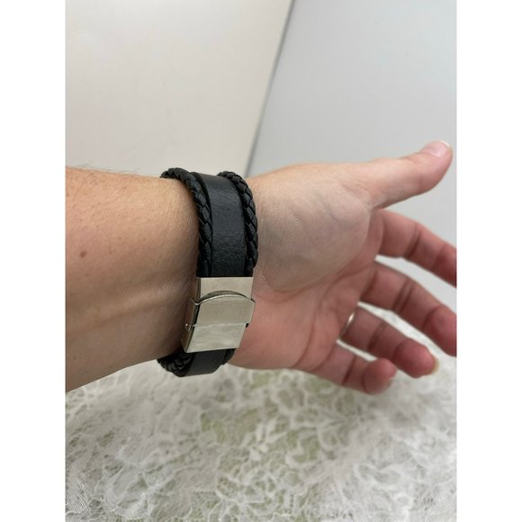 "Be{you}tiful" Stainless Steel & Black Faux Leather Easy Clasp Bracelet - Picture 8 of 11